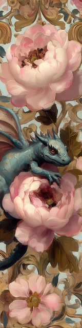 Free printable dragon bookmark featuring a baby dragon climbing on a flower